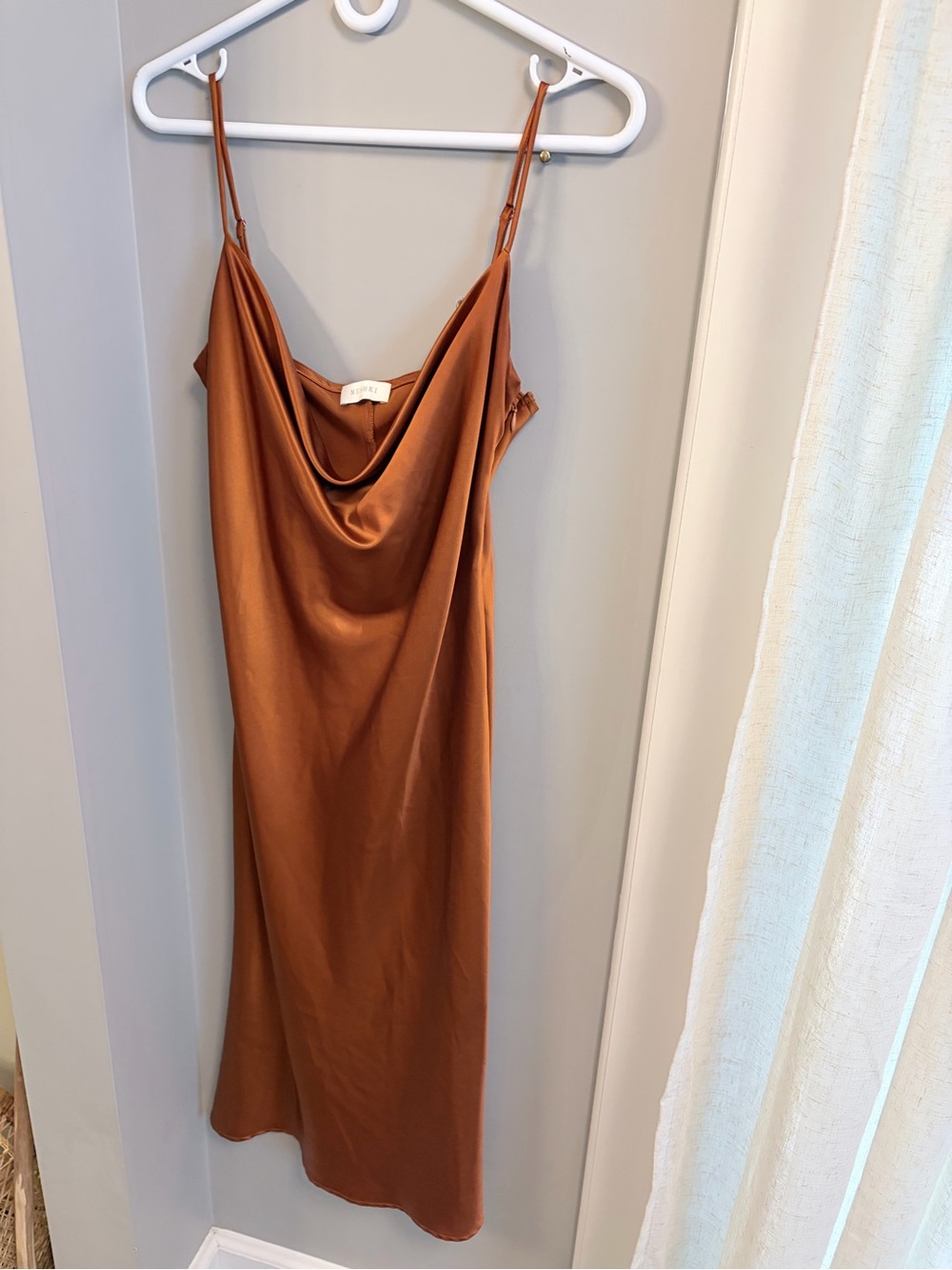 Meshki Copper Satin Cowl Slip Dress